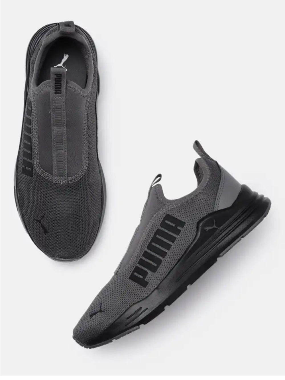 Puma Mens Grey Slip-On Mesh Sneakers with Black Logo